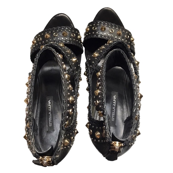 Stella Luna Y2K 37.5 7 US Black Leather Gold Studded Zip Strappy Stiletto Heels - Picture 11 of 12